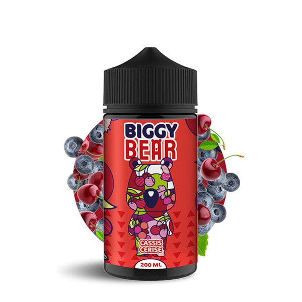 Biggy Bear 200ml e-liquid bottle featuring cassis and cherry flavors with colorful design and fruit background.