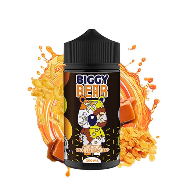 Biggy Bear 200ml e-liquid bottle featuring caramel frosted flakes flavor, surrounded by caramel and cereal splashes.