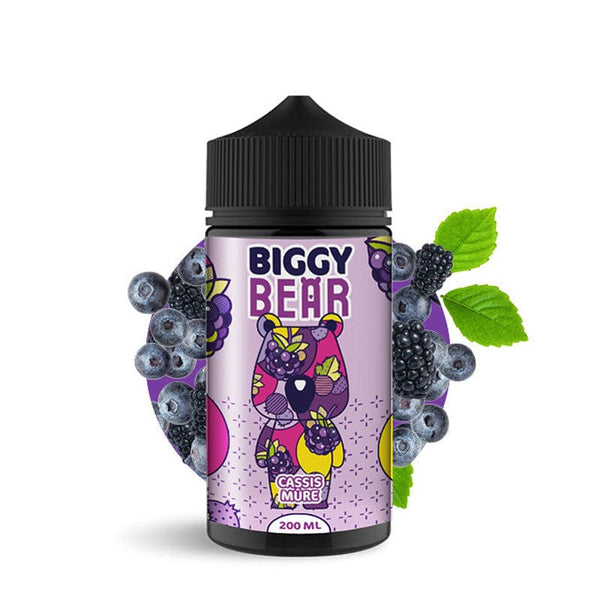 Biggy Bear 200ml e-liquid bottle with blackberry and blackcurrant flavors, vibrant design.