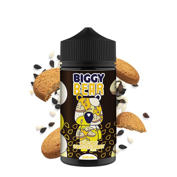 Biggy Bear 200ml e-liquid bottle featuring crunchy sesame biscuit flavor with cookies and sesame seeds.