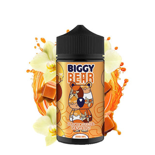 Biggy Bear 200ml e-liquid bottle with dulce caramel flavor and fruity design, ideal for vaping enthusiasts.