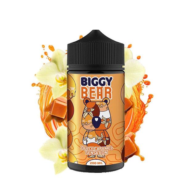 Biggy Bear 200ml e-liquid bottle with dulce caramel flavor and fruity design, ideal for vaping enthusiasts.
