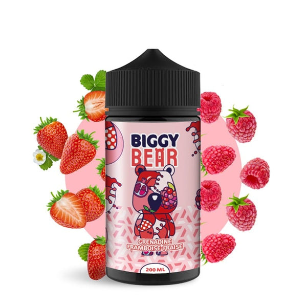 Biggy Bear 200ml e-liquid with strawberry and raspberry flavors, vibrant design, ideal for vapers.