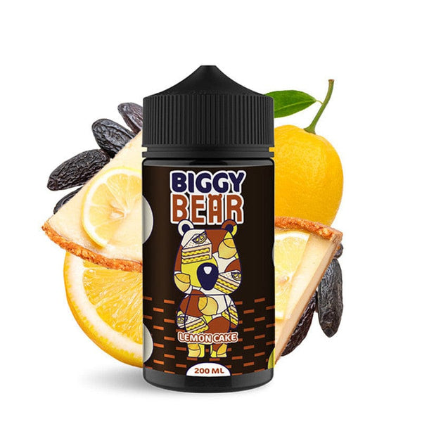 Biggy Bear 200ml e-liquid bottle featuring lemon cake flavor with fruits in the background, vibrant design.