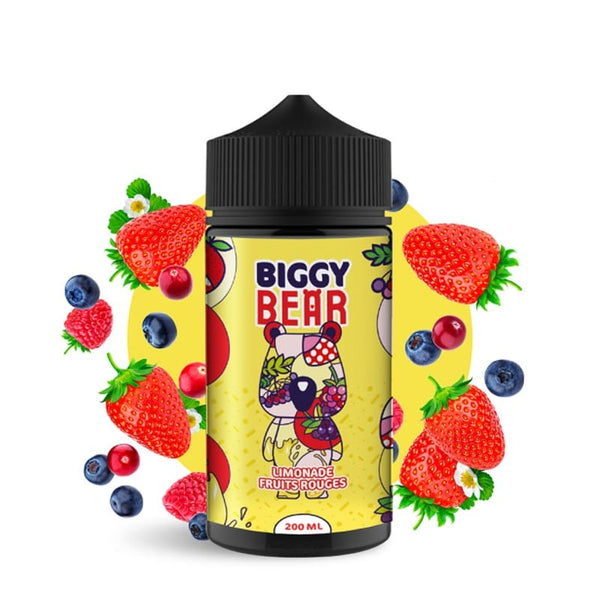 Biggy Bear 200ml e-liquid bottle with fruity lemonade flavor, surrounded by strawberries and blueberries.