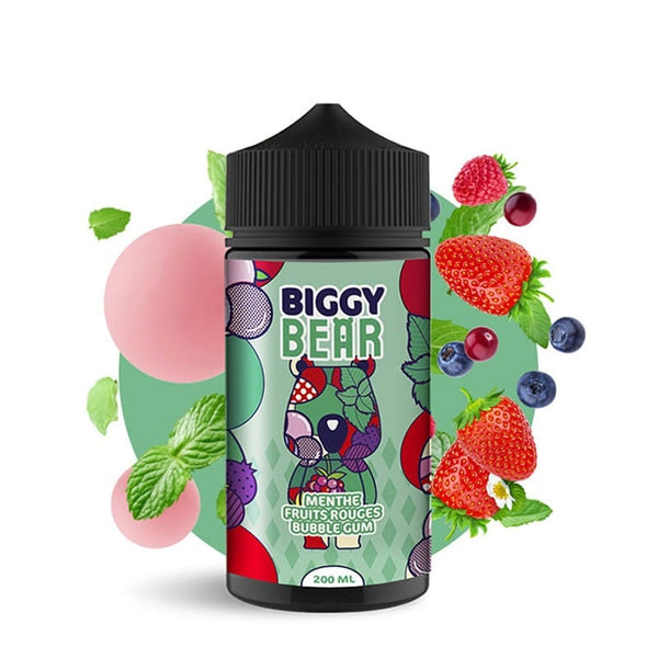 Biggy Bear 200ml e-liquid bottle with fruity and mint flavors, featuring strawberries and bubble gum.