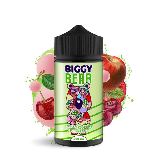 Biggy Bear 200ml e-liquid bottle featuring apple, cherry, and bubblegum flavors with vibrant fruit background.