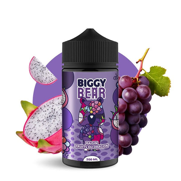 Biggy Bear 200ml e-liquid featuring grape and dragon fruit flavors with vibrant packaging.