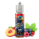 Flacon X JVA 50ml e-liquid bottle featuring Peach Berries flavor, with fruits displayed, vibrant packaging design.