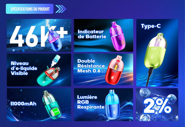 Lila Kiss+ 46K JNR – Puff Rechargeable 46000 Bouffées 20mg - JNR | PauseClopes