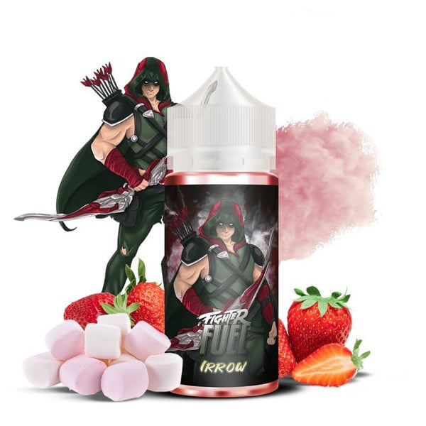 Irrow Fighter Fuel 30ml/100ml e-liquid bottle with strawberries, marshmallows, and cotton candy.