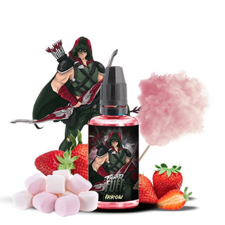 Irrow Fighter Fuel 30ml bottle with strawberries, marshmallows, and cotton candy, featuring a cartoon archer.