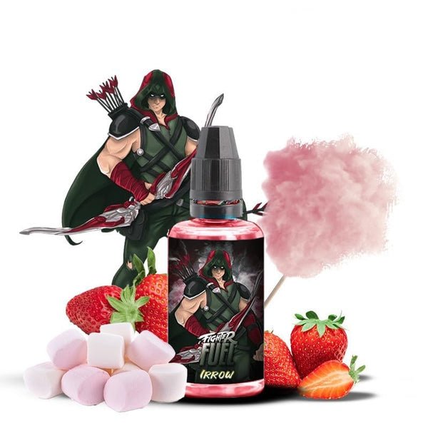 Irrow Fighter Fuel 30ml bottle with strawberries, marshmallows, and cotton candy, featuring a cartoon archer.
