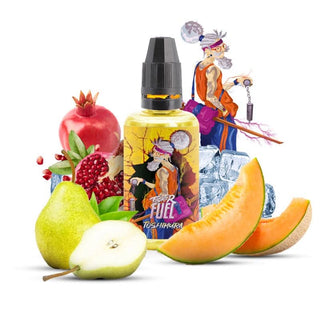 Concentré Toshimura 30ml by Maison Fuel with pears, melon, pomegranate, and ice cubes for a refreshing vape experience.